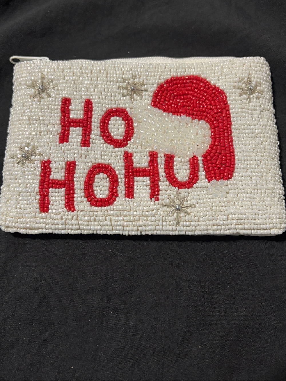 Hand-Beaded 'Ho Ho Ho’ Holiday Pouch in White and Red